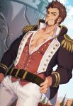  1boy abs bara beard belt blue_eyes brown_hair cloud cloudy_sky facial_hair fate/grand_order fate_(series) hand_on_hip highres looking_at_viewer male_focus muscle napoleon_bonaparte_(fate/grand_order) open_clothes open_shirt pants pectorals scar sgy_sn sky smile solo standing tree uniform weapon 