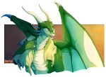  2019 4_fingers anthro blue_eyes digital_media_(artwork) dragon green_scales hi_res horn membrane_(anatomy) membranous_wings open_mouth ravoilie scales scalie smile teeth tongue towel western_dragon wings 