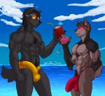  beach beverage bulge canid canine canis castbound chest_tuft claws clothing drink_umbrella duo elbow_tufts erection eyewear hair hi_res long_hair male mammal muscular muscular_male nipples russell_(castbound) sea seaside speedo straw sunglasses swimwear thong tuft water wine_glass wolf 