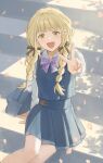  1girl absurdres arm_support bag bare_legs blonde_hair blue_overskirt blue_skirt blush braid cherry_blossoms commentary falling_petals fang feet_out_of_frame foreshortening fujita_kotone gakuen_idolmaster hair_ribbon hatsuboshi_gakuen_school_uniform highres idolmaster long_hair looking_at_viewer petals pleated_skirt ribbon school_bag school_uniform shirt shiyano sitting skin_fang skirt skirt_set smile solo stairs symbol-only_commentary twin_braids v white_shirt yellow_eyes 