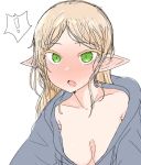  ! 1girl blob blush breasts cleavage commentary ear_blush elf fang green_eyes hood hoodie long_hair original pointy_ears ro_(aahnn) solo spoken_exclamation_mark white_background 
