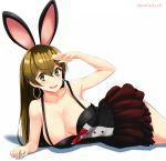 1girl animal_ears bow bowtie breasts brown_eyes brown_hair bunny_ears cleavage cocktail_dress commentary_request dress earrings eyebrows_visible_through_hair fake_animal_ears fate/grand_order fate_(series) hair_between_eyes hairband highres jewelry large_breasts long_hair looking_at_viewer lying mattari_yufi on_side open_mouth pleated_skirt salute shadow skirt sleeveless sleeveless_dress smile solo white_background xuanzang_(fate/grand_order) 