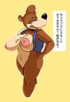  2019 anthro backpack banjo-kazooie banjo_(banjo-kazooie) big_breasts breasts brown_fur digital_media_(artwork) female frown fur hi_res japanese_text jewelry komdog mammal necklace nintendo nude pussy rareware simple_background solo super_smash_bros. text ursid video_games 