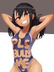  1girl areolae armpits arms_behind_head arms_up artist_name bangs black_hair blush breasts collarbone competition_swimsuit cowboy_shot dark_skin fangs grey_background grey_swimsuit grin groin hair_between_eyes hair_ornament hairclip hands_in_hair head_tilt highleg highleg_swimsuit highres hip_focus ijiranaide_nagatoro-san long_hair looking_at_viewer multicolored multicolored_clothes multicolored_swimsuit nagatoro navel nickniceth nipple_slip nipples one-piece_swimsuit orange_eyes revealing_cutout shiny shiny_hair shiny_skin small_breasts smile solo standing swimsuit teeth two-tone_background white_background 