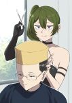  1boy 1girl absurdres barber_cape black_dress black_gloves blonde_hair choso_giving_toudou_a_haircut_(meme) closed_eyes closed_mouth commentary cutting_hair dress fade_(haircut) glasses gloves green_hair highres holding holding_scissors land_(sousou_no_frieren) long_hair meme micchan_(micchanmeido) purple_eyes scissors single_glove smile sousou_no_frieren tongue tongue_out ubel_(sousou_no_frieren) window yellow_eyes 