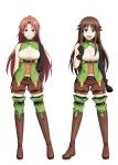  2girls :d absurdres arms_behind_back asymmetrical_sleeves black_gloves black_sleeves blue_eyes boots brown_footwear brown_hair brown_shorts bustier closed_mouth cosplay floating_hair frown full_body gloves goblin_slayer! green_legwear high_elf_archer_(goblin_slayer!) high_elf_archer_(goblin_slayer!)_(cosplay) high_ponytail highres kankitukou long_hair long_sleeves looking_at_viewer multiple_girls open_mouth purple_eyes short_shorts shorts simple_background single_sleeve smile standing thigh_boots thighhighs very_long_hair white_background 