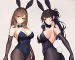  2girls animal_ears ass black_hair bodysuit breasts brown_eyes brown_hair bunny_ears bunnygirl cameltoe cleavage cropped elbow_gloves gg-e gloves headband long_hair original pantyhose purple_eyes tail 