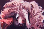  1girl arm_behind_back bangs bear_hair_ornament bent_over black_bra black_jacket blonde_hair bra breasts cleavage collarbone collared_shirt danganronpa danganronpa_1 dress_shirt enoshima_junko floating_hair grey_eyes hair_ornament hand_on_own_face jacket long_hair looking_at_viewer medium_breasts monokuma open_clothes open_shirt parted_lips shinnesstar shirt sleeves_rolled_up smile solo swept_bangs twitter_username underwear upper_body very_long_hair wing_collar 