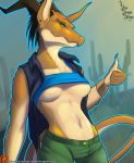  anthro athletic big_breasts bracelet breasts cactus claws clothing countershading dew_dragon dragon ear_piercing ear_ring fangs female gesture green_eyes hi_res horn jewelry midriff outside piercing scales solo spines tan_scales thumbs_up under_boob vest 