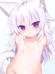  2019 ahoge animal_humanoid big_eyes blush cat_humanoid felid felid_humanoid feline feline_humanoid female flat_chested front_view hair hair_between_eyes hands_behind_back hi_res humanoid inner_ear_fluff looking_at_viewer mammal mammal_humanoid mofuaki navel nipples nude purple_eyes slit_pupils smile solo standing white_hair young 