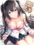  1girl bangs bare_shoulders black_hair black_legwear blue_eyes blurry blurry_background blush bra breasts cleavage collarbone commentary_request eyebrows_visible_through_hair grey_skirt hair_tie large_breasts long_hair long_sleeves navel off_shoulder original pink_bra pleated_skirt rin_yuu shirt sidelocks sitting skirt socks solo stuffed_animal stuffed_toy teddy_bear thighs twintails underwear very_long_hair wariza white_shirt 