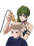  2girls absurdres alternate_hairstyle barber_cape black_dress black_gloves black_nails blue_cape brown_hair cape choso_giving_toudou_a_haircut_(meme) closed_mouth commentary cutting_hair dress electric_razor fade_(haircut) gloves green_hair highres hyuzky meme multiple_girls nail_polish open_mouth parted_lips purple_eyes sense_(sousou_no_frieren) short_hair side_ponytail simple_background single_glove smile sousou_no_frieren ubel_(sousou_no_frieren) white_background 