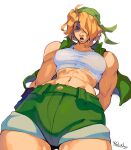  1girl abs absurdres alternate_muscle_size bandana bare_shoulders biceps blonde_hair breasts crop_top deltoids green_bandana highres kasamoto_eri large_breasts load_bearing_vest looking_at_viewer metal_slug midriff muscular muscular_female navel relusionh shirt short_hair short_shorts shorts solo thighs twitter_username vest 