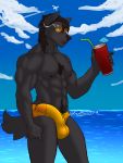  2019 beach beverage bulge canid canine canis castbound chest_tuft claws clothing drink_umbrella erection eyewear hair hi_res long_hair male mammal muscular muscular_male nipples penis_outline sea seaside solo speedo straw sunglasses swimwear tuft water wolf 