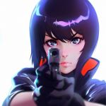  1girl bangs black_eyes black_gloves blurry blurry_foreground close-up closed_mouth commentary commentary_request depth_of_field english_commentary eyebrows_visible_through_hair face ghost_in_the_shell gloves gun high_collar holding holding_gun holding_weapon ilya_kuvshinov kusanagi_motoko lips looking_at_viewer pointing pointing_at_viewer purple_hair short_hair solo swept_bangs weapon white_background 