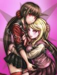  2girls :d absurdres akamatsu_kaede bangs black_sailor_collar black_skirt blonde_hair blush brown_hair closed_mouth collarbone danganronpa dgrp_(minhduc12333) floating_hair grey_shirt hair_ornament hair_scrunchie harukawa_maki highres hug long_hair looking_at_viewer miniskirt mole mole_under_eye multiple_girls musical_note musical_note_hair_ornament musical_note_print new_danganronpa_v3 open_mouth pink_eyes pink_sweater plaid plaid_skirt pleated_skirt print_neckwear print_skirt purple_background purple_skirt red_eyes red_legwear red_scrunchie red_shirt sailor_collar school_uniform scrunchie shirt skirt smile sweater sweater_vest swept_bangs thighhighs twintails very_long_hair white_neckwear zettai_ryouiki 