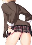  1girl black_hair blonde_hair character_request commentary expressionless from_behind from_below highres idolmaster idolmaster_shiny_colors plaid plaid_skirt schreibe_shura short_hair skirt skirt_grab solo thighs white_background 