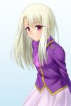  1girl arms_behind_back closed_mouth cowboy_shot dress_shirt eyebrows_visible_through_hair fate/stay_night fate_(series) gyatto624 hair_between_eyes illyasviel_von_einzbern leaning_forward long_hair long_sleeves looking_at_viewer pleated_skirt purple_neckwear purple_shirt red_eyes shirt silver_hair simple_background skirt smile solo standing white_background white_skirt 