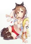  1girl :3 arm_support arm_up atelier_(series) atelier_ryza belt black_gloves brat breasts brown_eyes brown_hair cleavage collarbone gloves hair_ornament hairclip hat highres jewelry long_hair looking_at_viewer medium_breasts midriff navel necklace red_shorts reisalin_stout short_shorts shorts single_glove sitting smile solo star thighhighs thighs white_headwear yokozuwari 