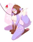  &lt;3 4_toes 5_fingers anthro blue_fur blush breasts brown_fur brown_hair canid canine collar female fluffy fluffy_tail fox fur green_eyes hair hi_res kneeling leash mammal multicolored_hair nipples nude open_mouth pink_hair pussy short_hair smile solo speech_bubble toes tongue tongue_out unseen_character viskasunya white_fur 
