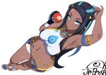  1girl armlet armpits bangs bare_shoulders black_hair blue_eyes blue_hair blush breasts closed_mouth dark_skin forehead full_body gloves hair_bun highres holding jabara_tornado jewelry long_hair looking_at_viewer medium_breasts navel necklace partly_fingerless_gloves poke_ball pokemon pokemon_(game) pokemon_swsh rurina_(pokemon) sandals shorts simple_background single_glove smile solo sports_bra sportswear swept_bangs thighs white_background 