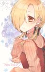  1girl black_ribbon blonde_hair earrings hair_ornament hair_over_one_eye hair_ribbon highres idolmaster idolmaster_cinderella_girls idolmaster_cinderella_girls_starlight_stage jewelry long_hair looking_at_viewer low_twintails orange_sweater red_eyes ribbed_sweater ribbon shirasaka_koume skull_hair_ornament sleeves_past_fingers sleeves_past_wrists smile solo striped striped_sweater sweater twintails upper_body yo_(fu_kumask) 