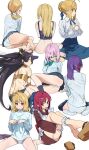  6+girls ahoge apron arcueid_brunestud artoria_pendragon_(fate) back barefoot black_hair blonde_hair blue_eyes blush bottomless breasts brown_eyes character_request crown fate/grand_order fate/stay_night fate_(series) hair_ribbon highres ishtar_(fate) kohaku_(tsukihime) long_hair looking_at_viewer maid_apron mash_kyrielight matou_sakura medium_breasts multiple_girls neck_ribbon panties pleated_skirt ponytail purple_hair red_eyes ribbon saber_(fate) sandals school_uniform short_hair simple_background sitting skirt socks some1else45 strapless tsukihime tube_top underwear wamuu wariza white_background white_panties white_socks 