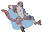  anthro beverage dinosaur dromaeosaurid feathered_dinosaur feathers featureless_crotch flynx-flink fur glass hi_res male nude reptile scalie simple_background solo spread_legs spreading teeth theropod 
