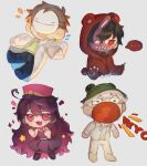  1girl 3boys :3 ahoge alternate_costume animal_costume animal_ears bear_costume black_hair boomerna brown_hair chibi chibi_only chinese_commentary commentary_request corpse_husband cosplay damelives dream_(youtuber) dress fake_animal_ears frog_hat full_body grey_background hat heart heart_ahoge highres indie_virtual_youtuber kigurumi long_hair mask minecraft_youtube multiple_boys open_mouth pink_eyes short_hair shouting smile very_long_hair vgumiho virtual_youtuber white_hair 