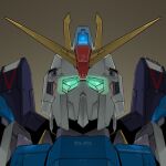  anaheim_electronics brown_background dated glowing glowing_eyes green_eyes gundam hashtag-only_commentary highres looking_at_viewer mecha mecha_focus mobile_suit no_humans portrait robot science_fiction signature simple_background solo toilobo v-fin zeta_gundam zeta_gundam_(mobile_suit) 