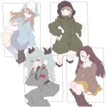  4girls anchovy anzio_military_uniform arm_behind_back bangs black_footwear black_ribbon blonde_hair blue_eyes blue_headwear blue_legwear blush boots bright_pupils brown_eyes chi-hatan_military_uniform collarbone drill_hair eyebrows_visible_through_hair girls_und_panzer green_hair green_jumpsuit hair_ribbon hand_on_hip hand_on_own_cheek hand_up hat headwear helmet jacket jumpsuit katyusha keizoku_military_uniform leaning_forward light_frown long_hair long_sleeves looking_at_viewer looking_back looking_to_the_side mika_(girls_und_panzer) military military_uniform mituki_(mitukiiro) multiple_girls nishi_kinuyo pleated_skirt pocket pravda_military_uniform ribbon simple_background skirt smile socks star twin_drills twintails uniform white_background white_pupils 