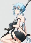  1girl absurdres anti-materiel_rifle bare_back bare_shoulders barefoot black_gloves blue_eyes blue_hair bolt_action commentary_request feet fingerless_gloves gloves gun highres holding holding_gun holding_weapon looking_at_viewer looking_back pgm_hecate_ii rifle scarf short_hair shorts sinon sniper_rifle soles sword_art_online weapon yoru_kiri 