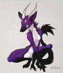  2019 anthro breasts digital_media_(artwork) digitigrade female fur horn nude purple_fur simple_background solo unknown_species white_fur zenirix 