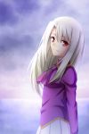  1girl arms_behind_back closed_mouth collared_shirt day eyebrows_visible_through_hair fate/stay_night fate_(series) gyatto624 hair_between_eyes illyasviel_von_einzbern long_hair long_sleeves looking_at_viewer outdoors pleated_skirt purple_neckwear purple_shirt red_eyes shirt silver_hair skirt smile solo standing straight_hair white_skirt wing_collar 