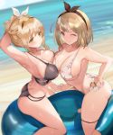  2girls ;) alternate_hair_color arm_behind_head armpits asymmetrical_docking atelier_(series) atelier_ryza bangs beach bikini black_bikini black_hairband black_ribbon blonde_hair blush braid breast_press breasts brown_hair closed_mouth collarbone covered_nipples floral_print green_eyes hair_ribbon hairband highres holding_hands kirikawa klaudia_valentz large_breasts looking_at_viewer medium_breasts multiple_girls o-ring o-ring_bottom ocean one_eye_closed outdoors reisalin_stout ribbon sand short_hair smile sweat swimsuit wavy_mouth white_bikini yellow_eyes yellow_hairband 