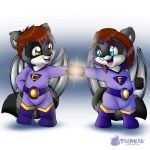  1:1 blue_eyes brown_eyes cosplay cub draygone duo erika_(dray-and-erika) fur grey_fur hi_res mammal procyonid raccoon standing tavimunk wings wonder_twins young 