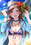  1girl :d bikini blue_bikini blue_choker blue_jacket blue_sky blush breasts brown_eyes brown_hair choker cleavage cloud collarbone commentary_request day drawstring floral_print flower front-tie_bikini front-tie_top gen_(enji) hands_up hat hat_flower hat_ribbon highres idolmaster idolmaster_cinderella_girls jacket jewelry long_hair looking_at_viewer medium_breasts navel necklace nitta_minami open_clothes open_jacket open_mouth palm_leaf red_flower ribbon sky smile solo stomach straw_hat sunlight swimsuit upper_body wet 
