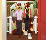  4_fingers ailurid anthro belt brown_eyes canid canine canis claws clothing coyote dress_shirt duo eyewear footwear gesture goggles green_eyes hands_in_pocket jacket jeans mammal nowandlater pants pawpads red_panda romantic_couple shirt shoes standing timburrs topwear waving 