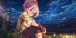  1girl bangs boots breasts brown_gloves character_request cloud fingerless_gloves game_cg gloves grass high_ponytail highres kouya_no_kotobuki_hikoutai lantern large_breasts looking_at_viewer looking_to_the_side mountainous_horizon night night_sky non-web_source official_art pantyhose parted_bangs pink_hair red_eyes skirt sky sleeves_rolled_up solo star_(sky) starry_sky suspender_skirt suspenders sweater turtleneck turtleneck_sweater 