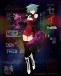  1girl alternate_costume animal_ears boots cat_ears character_name cosplay costume_switch crossover dress girls_frontline green_eyes green_hair official_art pipe red_dress sei_asagiri solo surprised thighhighs torn_clothes va-11_hall-a 