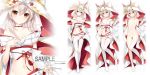  1girl alternate_costume ayanami_(azur_lane) ayanami_(demon&#039;s_dress)_(azur_lane) azur_lane bare_shoulders barefoot bed_sheet blush breasts bridal_veil choker dakimakura detached_sleeves expressionless hair_between_eyes hand_on_own_chest headpiece japanese_clothes kimono knees_together_feet_apart legs_together long_hair looking_at_viewer lying midriff multiple_views navel nipples no_panties on_back open_mouth orange_eyes ponytail pussy sample silver_hair single_thighhigh small_breasts thighhighs topless uchikake veil verjuice white_legwear wide_sleeves 