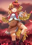  1girl blonde_hair blush boots covered_navel highres houshiruri looking_at_viewer multicolored_hair niwatari_kutaka open_mouth red_eyes red_hair short_hair touhou 