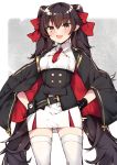  1girl bangs black_cape black_hair blush breasts cape double-breasted eyebrows_visible_through_hair fang girls_frontline gloves hair_between_eyes hair_ribbon hands_on_hips haruyuki_(yukichasoba) highres long_hair open_mouth qbz-97_(girls_frontline) red_neckwear red_ribbon ribbon shirt simple_background skin_fang skirt solo thighhighs twintails very_long_hair white_legwear yellow_eyes 