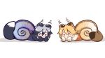  &gt;_&lt; 2girls :3 antennae black_hair blonde_hair bow bowtie ezo_red_fox_(kemono_friends) kemono_friends multicolored_hair multiple_girls silver_fox_(kemono_friends) silver_hair snail snail_girl tail tanaka_kusao two-tone_hair white_background x3 