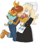  2girls apron battery_indicator black_dress blonde_hair blue_eyes blue_overalls bouquet brooch brown_hair buttons cloud collared_shirt cowboy_shot dress dutch_clothes flower gloves head_scarf highres jewelry mario_(series) mario_kart mario_kart_tour mimimi_(mimimim9999) multiple_girls overalls petals pink_flower pocket princess_daisy princess_daisy_(farmer) ribbon rosalina rosalina_(volendam) shirt tulip white_apron white_gloves yellow_flower yellow_ribbon yellow_tulip 