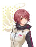  1girl arknights bangs breasts brown_hair buming commentary_request eyebrows_visible_through_hair hair_between_eyes halo high_collar jacket looking_at_viewer medium_breasts parted_lips polka_dot red_eyes short_hair solo upper_body white_jacket wings 