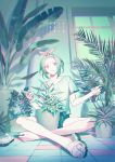 1girl artist_name bangs bow collarbone dated frown green_theme hair_bow indian_style indoors nail_polish original pale_skin parted_bangs plant potted_plant red_eyes sandal_removed sandals short_hair shorts sitting solo window yamakawa 