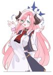  1girl :d apron aqua_eyes blue_archive blush breasts collarbone cropped_legs demon_horns earrings hair_between_eyes hands_up head_scarf highres horns jewelry juri_(blue_archive) long_hair long_hair_between_eyes long_sleeves looking_at_viewer necktie pink_hair pink_scrunchie rco_as red_necktie scrunchie simple_background smile solo white_apron white_background wrist_scrunchie 