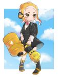  1girl backpack bag bike_shorts black_collar black_footwear black_shorts blue_sky boots brown_eyes closed_mouth cloud cloudy_sky collar commentary day full_body gomamiso headphones heavy_splatling_(splatoon) highres holding holding_weapon long_sleeves makeup mascara medium_hair octoling orange_hair outside_border shirt shorts sky solo splatoon_(series) splatoon_2 standing suction_cups tentacle_hair weapon white_shirt 