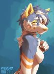  2019 5_fingers anthro blue_fur blue_hair breasts canid canine canis claws digital_media_(artwork) female fingers fur hair mammal ryuuzenga simple_background solo standing white_fur wolf yellow_eyes yellow_fur yellow_nose 